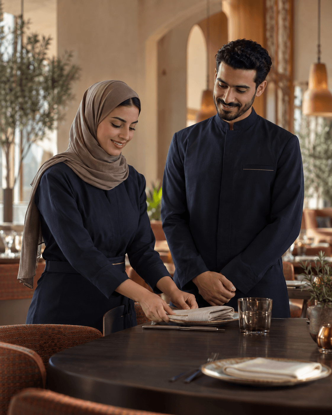Hospitality professionals preparing a Saudi restaurant for service